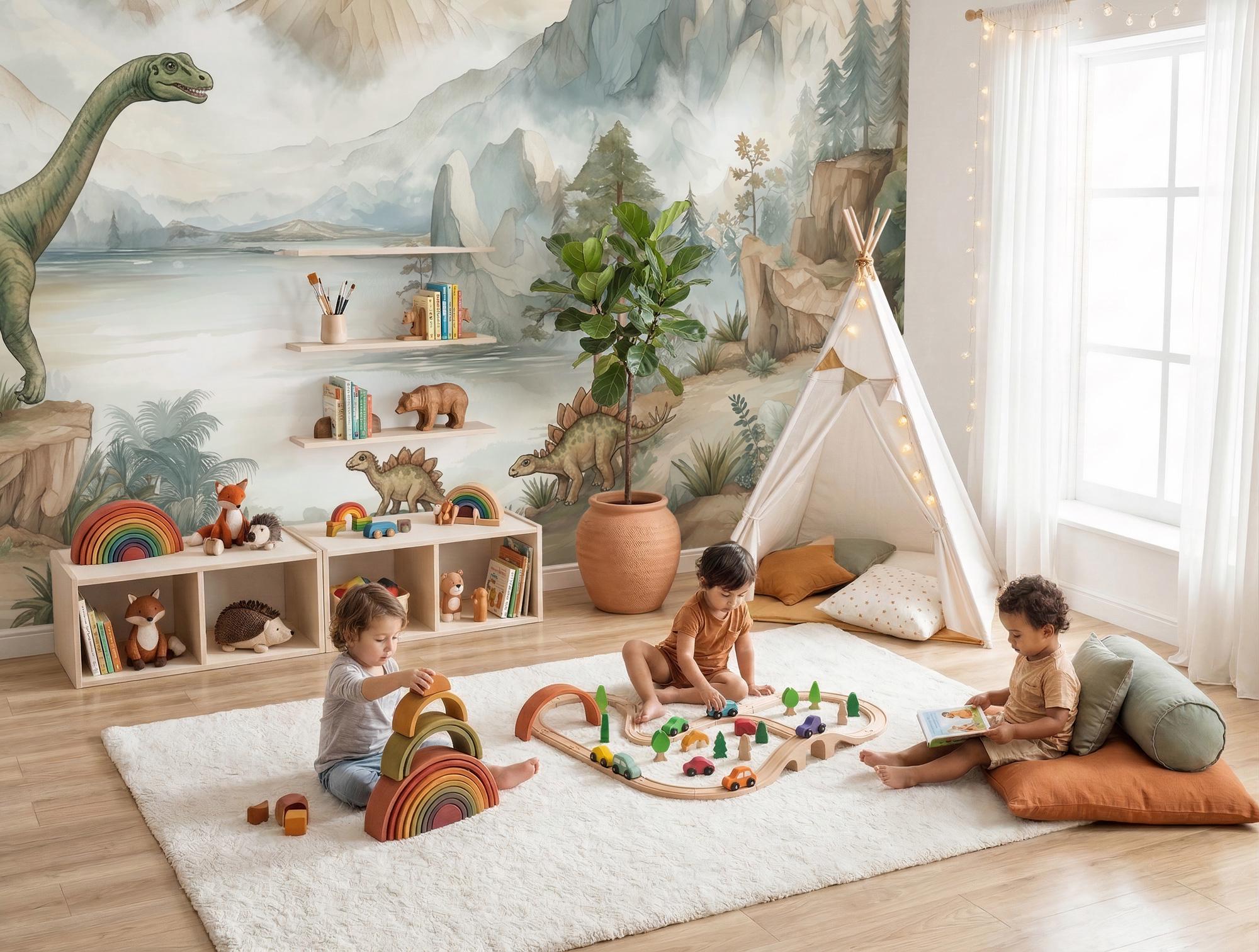 Dinosaur Nursery Wallpaper: Mountain Landscape Peel and Stick Wall Mural - View 2