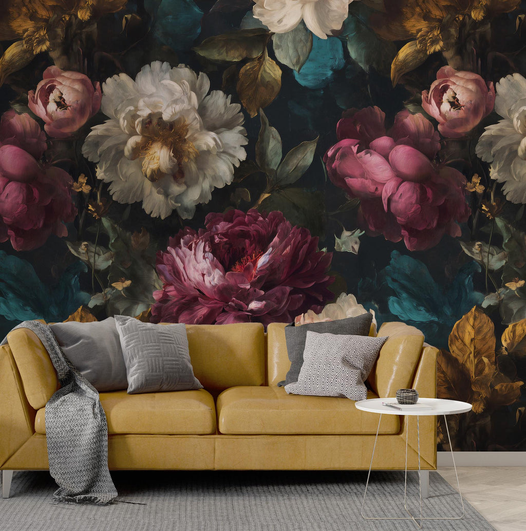 Moody Peony Floral Wallpaper: Dark Vintage Flower, Botanical Peel and Stick Wall Mural - View 2