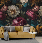 Moody Peony Floral Wallpaper: Dark Vintage Flower, Botanical Peel and Stick Wall Mural - View 2