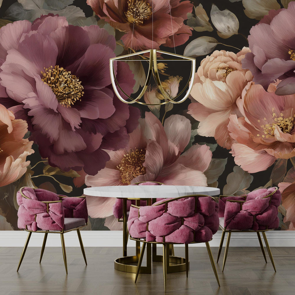 Vintage Dark Floral Peony Wallpaper: Peel and Stick Wall Mural - View 2