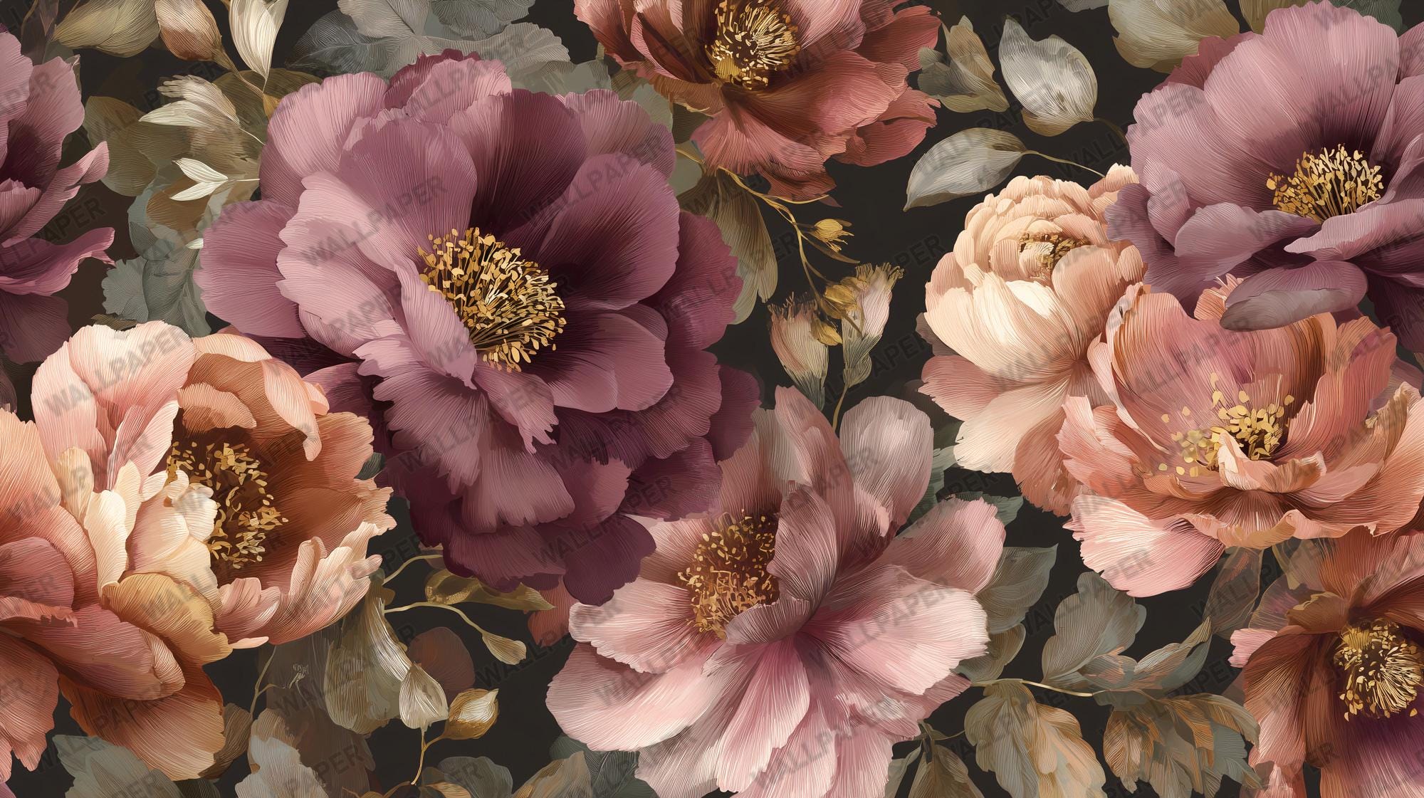 Vintage Dark Floral Peony Wallpaper: Peel and Stick Wall Mural - View 6