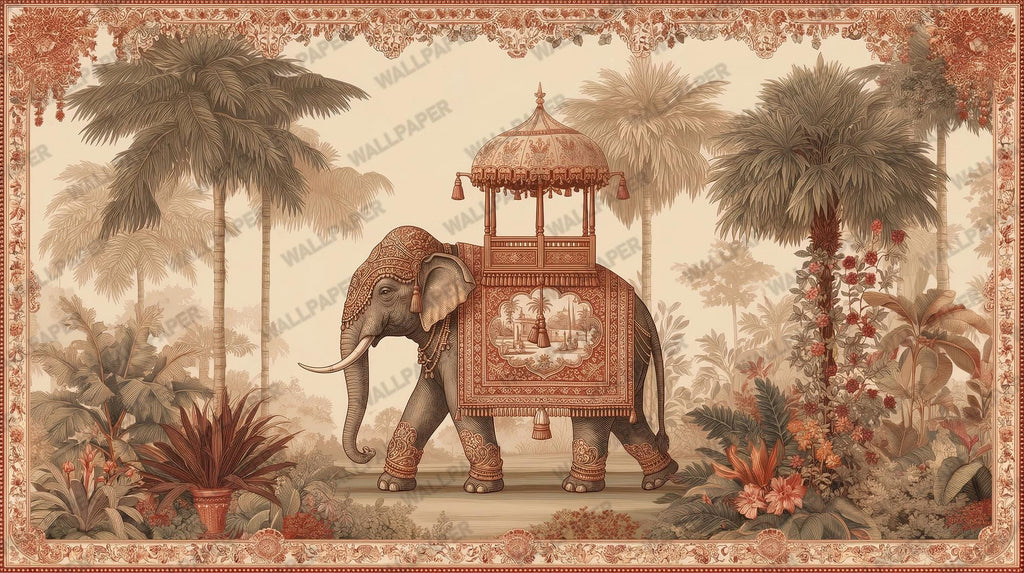 Vintage Elephant Tropical Toile Wallpaper: Peel and Stick Wall Mural - View 6
