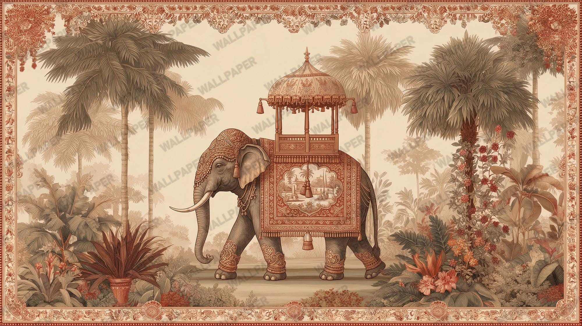 Vintage Elephant Tropical Toile Wallpaper: Peel and Stick Wall Mural - View 6