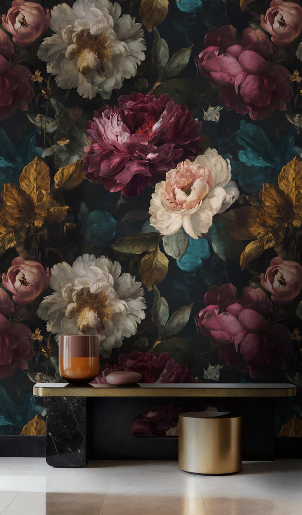 Moody Peony Floral Wallpaper: Dark Vintage Flower, Botanical Peel and Stick Wall Mural