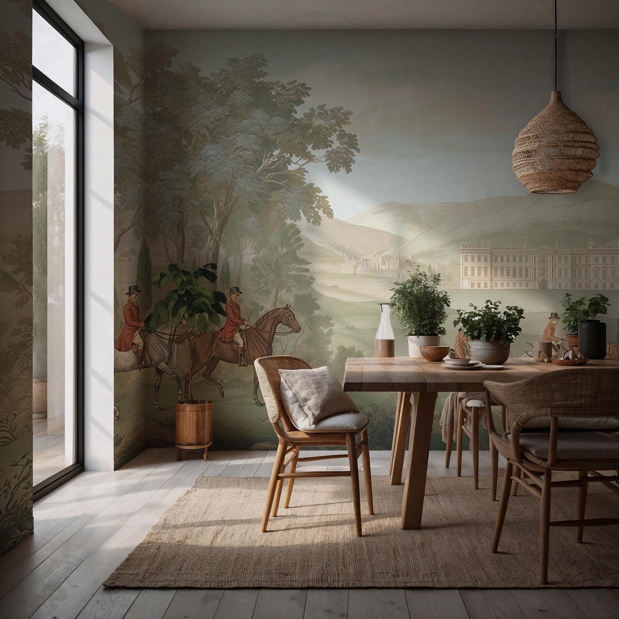Vintage English Countryside Equestrian Landscape Wallpaper: Peel and Stick Wall Mural - View 2