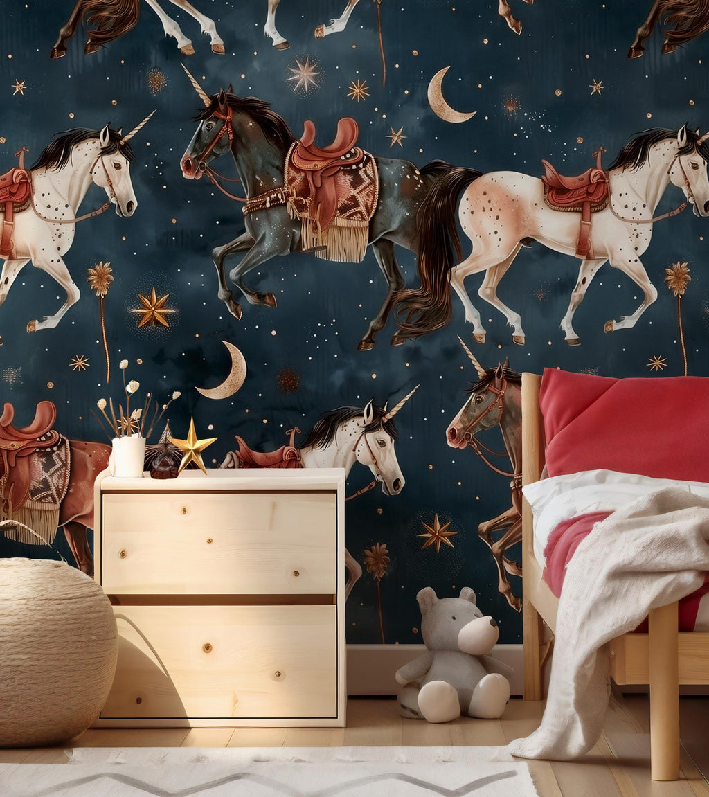 Unicorn Horse Kids Wallpaper with Stars and Moon: Peel and Stick Wall Mural - View 4