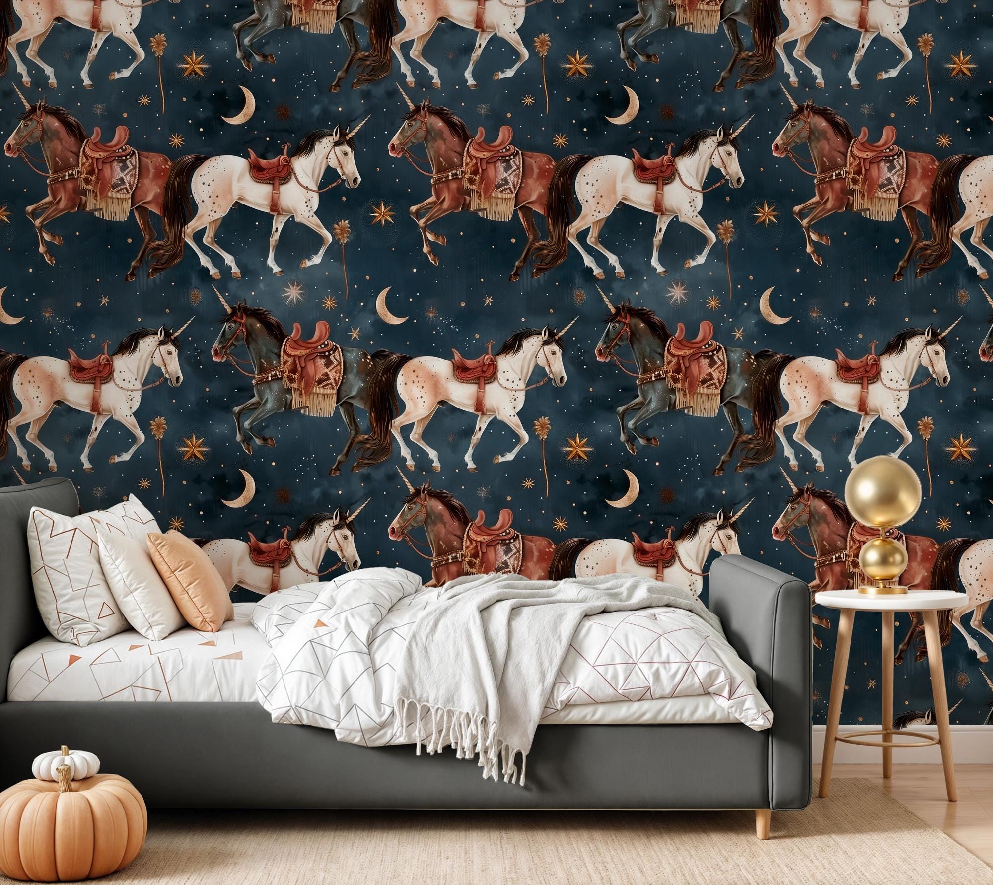 Unicorn Horse Kids Wallpaper with Stars and Moon: Peel and Stick Wall Mural - View 2