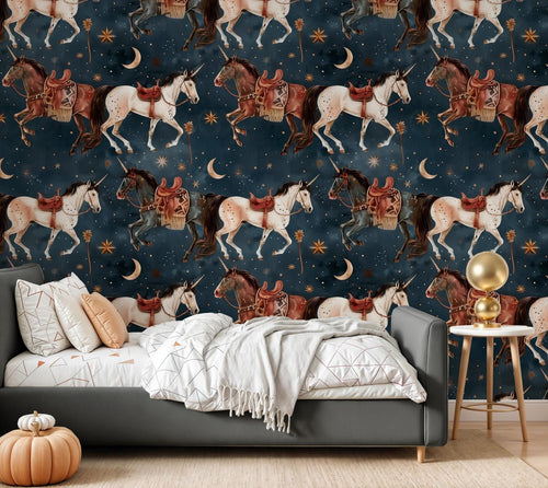 Unicorn Horse Kids Wallpaper with Stars and Moon: Peel and Stick Wall Mural - View 2