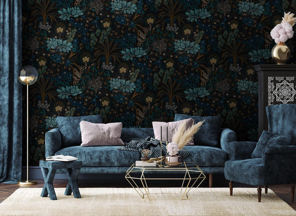 Dark Floral Peel and Stick Wallpaper: Moody Botanical Mural