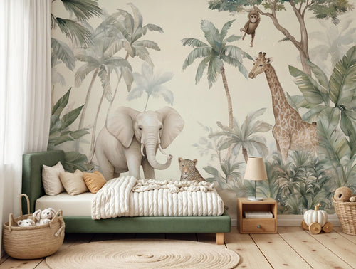 Safari Animals Nursery Wallpaper: Jungle Peel and Stick Wall Mural - View 2