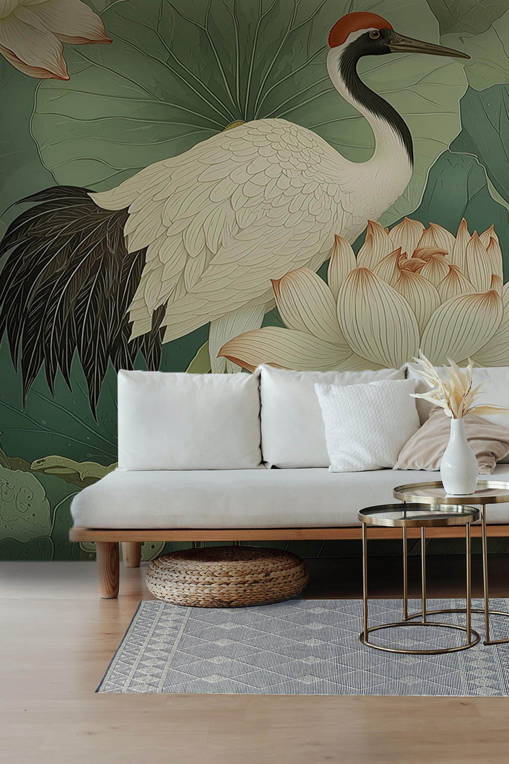 Oriental Crane and Lotus Wallpaper Mural – Elegant Botanical Asian Art