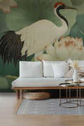 Oriental Crane and Lotus Wallpaper Mural – Elegant Botanical Asian Art
