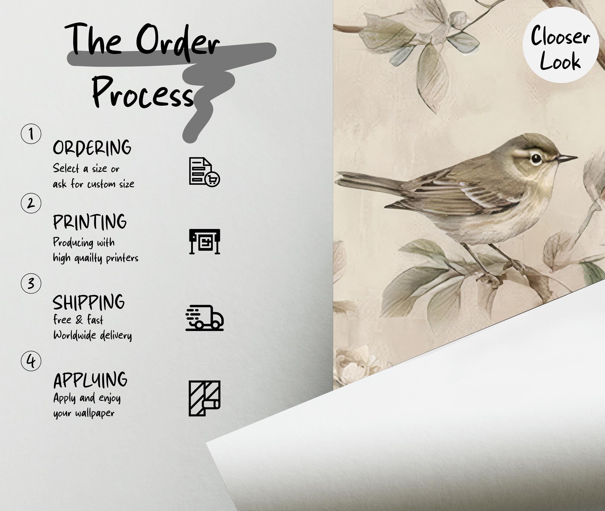 Vintage Floral Bird Wallpaper: Peel and Stick Wall Mural - View 5