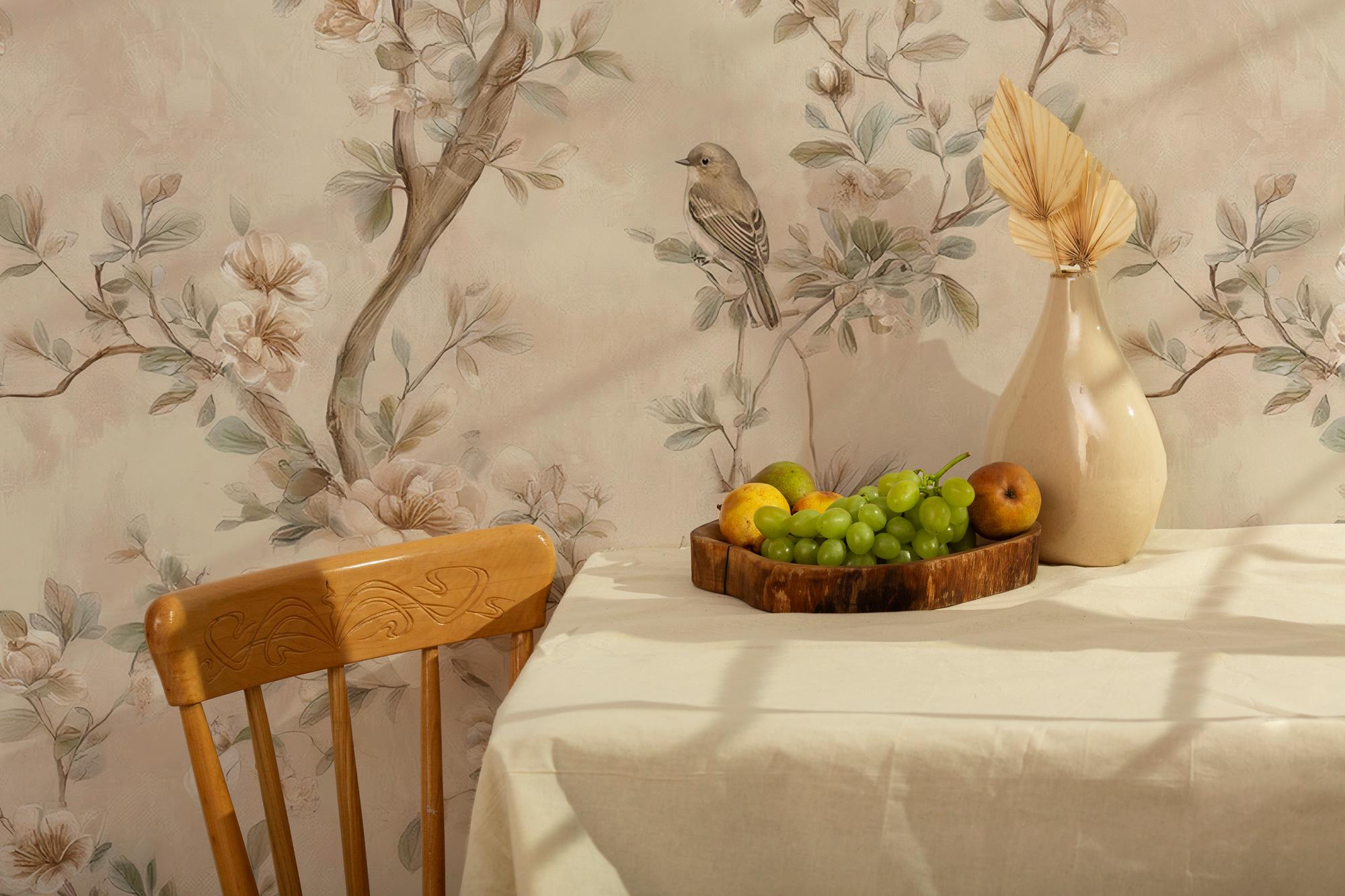 Vintage Floral Bird Wallpaper: Peel and Stick Wall Mural - View 3