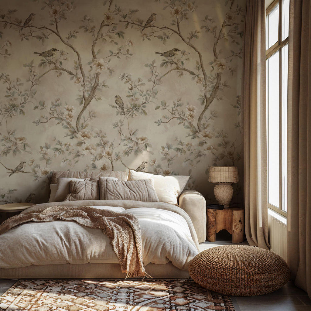 Vintage Floral Bird Wallpaper: Peel and Stick Wall Mural - View 4