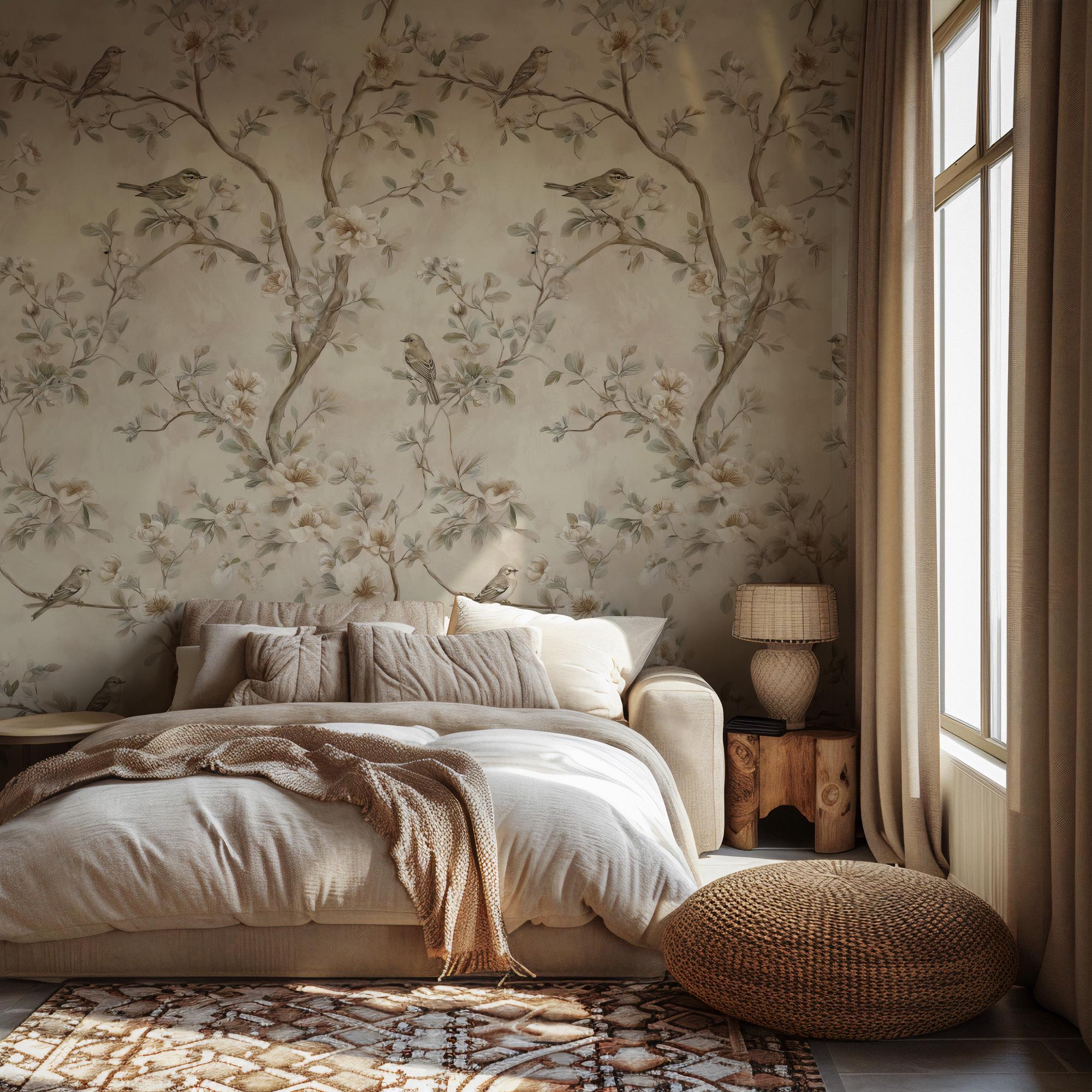 Vintage Floral Bird Wallpaper: Peel and Stick Wall Mural - View 4