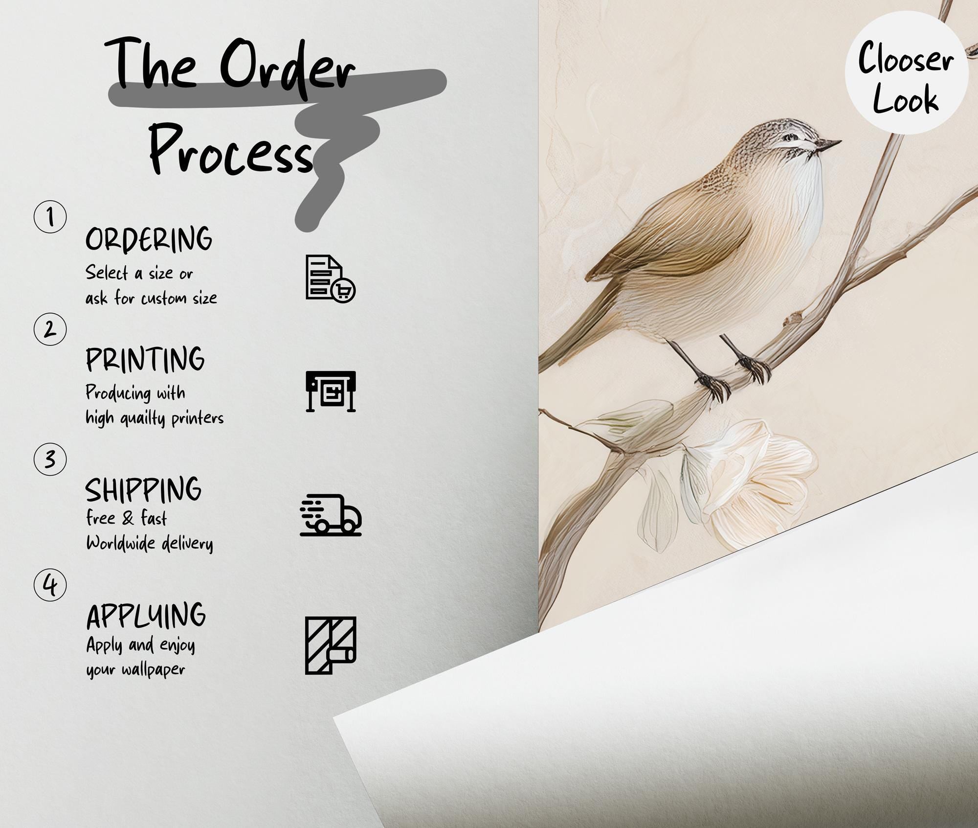 Neutral Floral Bird Wallpaper: Peel and Stick Wall Mural - View 5