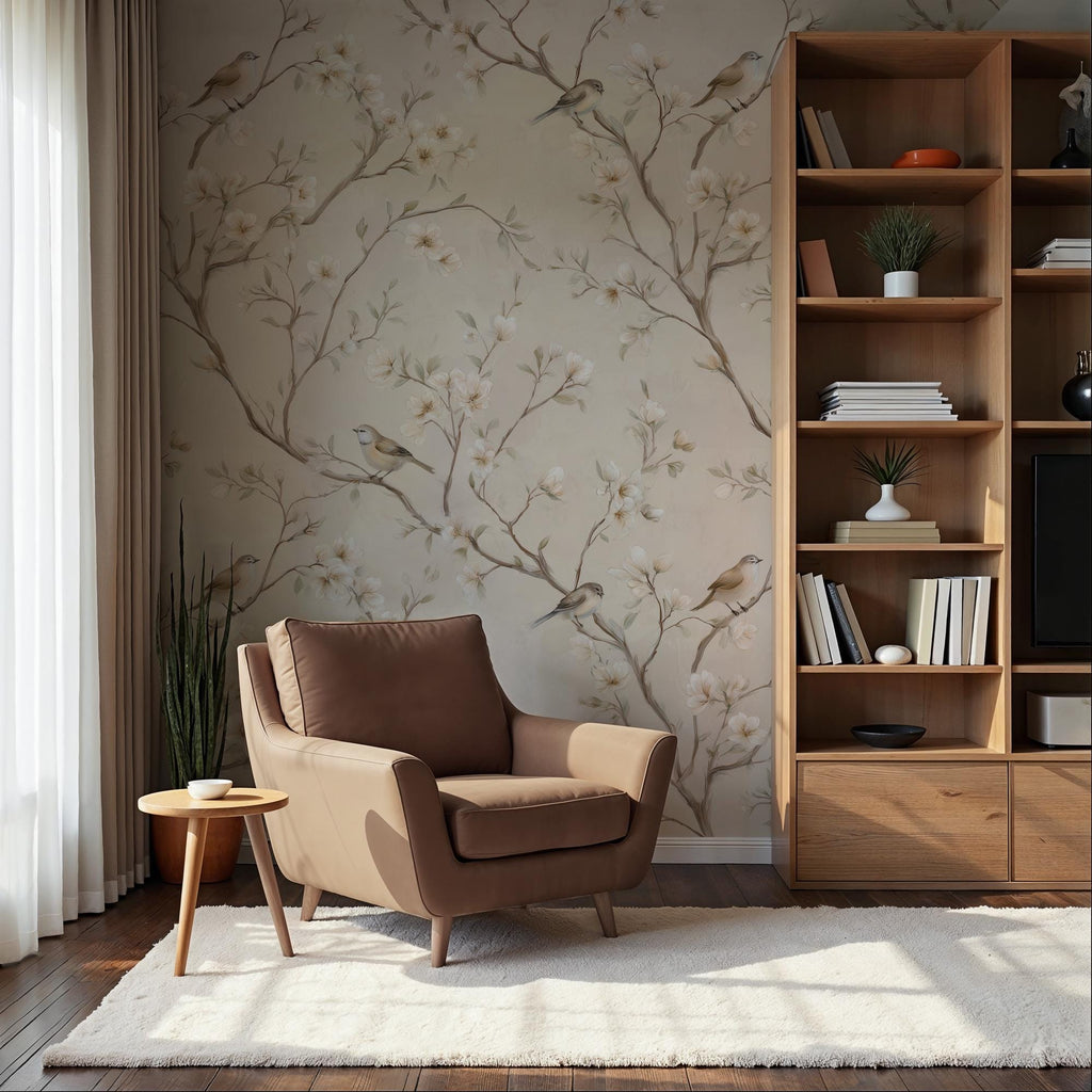 Neutral Floral Bird Wallpaper: Peel and Stick Wall Mural - View 4