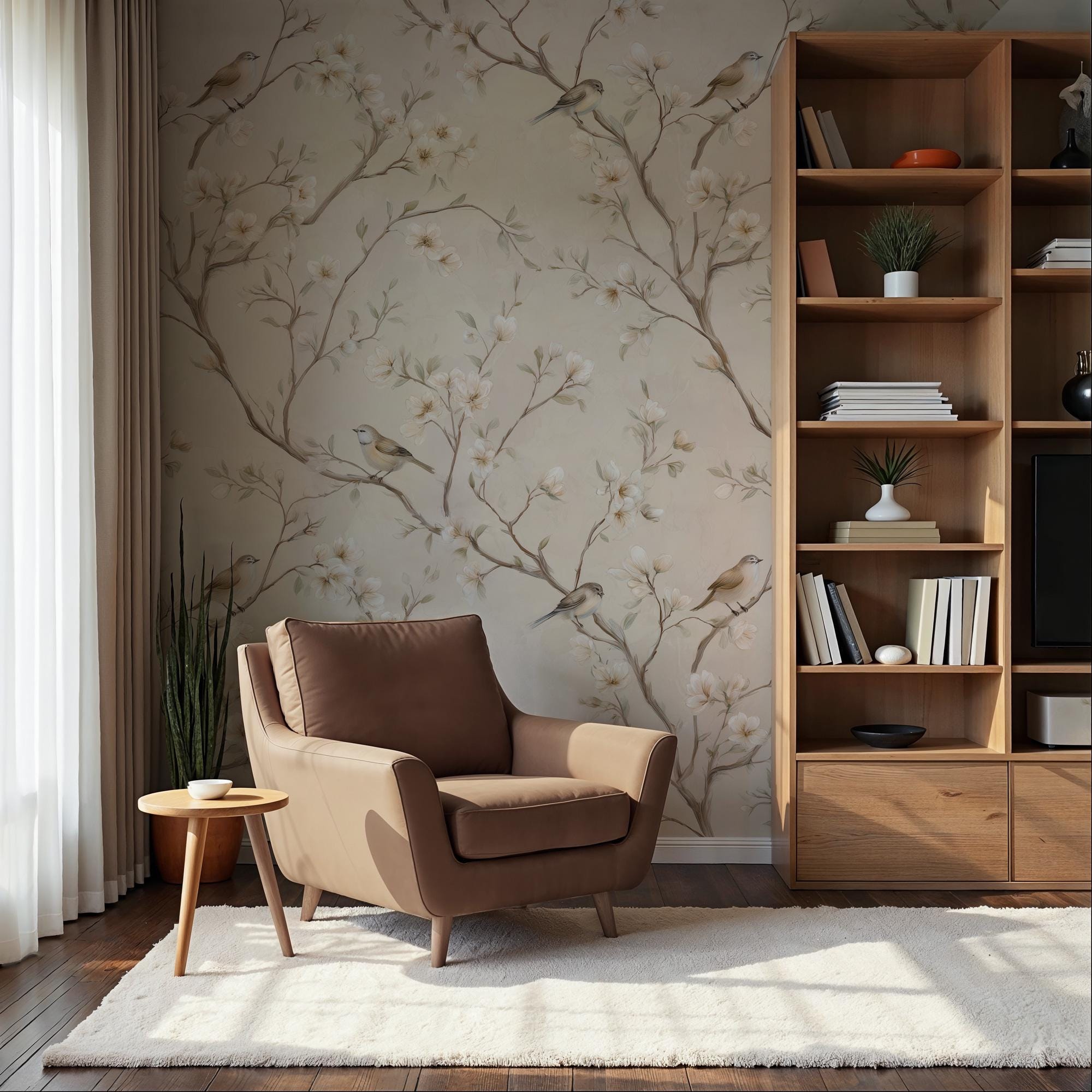 Neutral Floral Bird Wallpaper: Peel and Stick Wall Mural - View 4