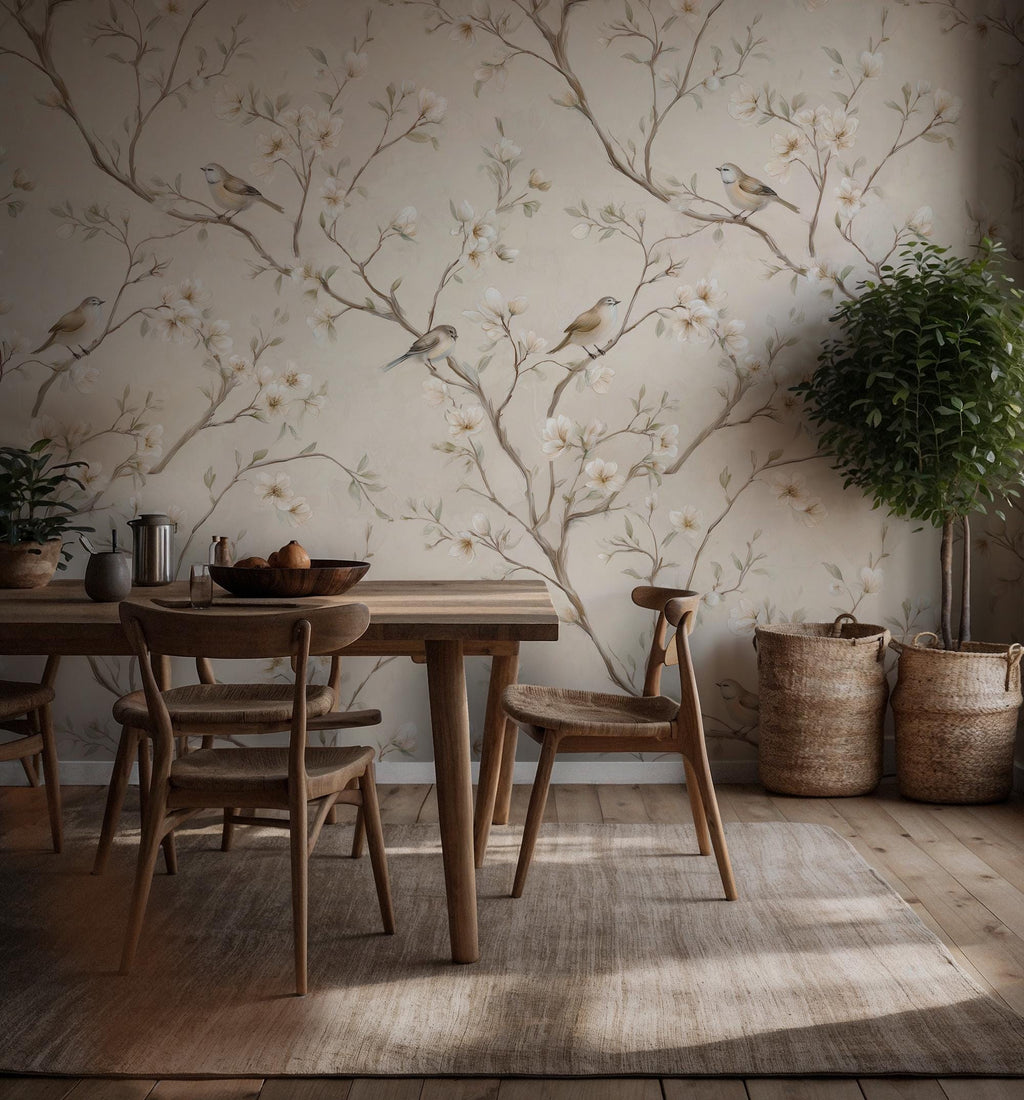 Neutral Floral Bird Wallpaper: Peel and Stick Wall Mural - View 2