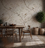 Neutral Floral Bird Wallpaper: Peel and Stick Wall Mural - View 2