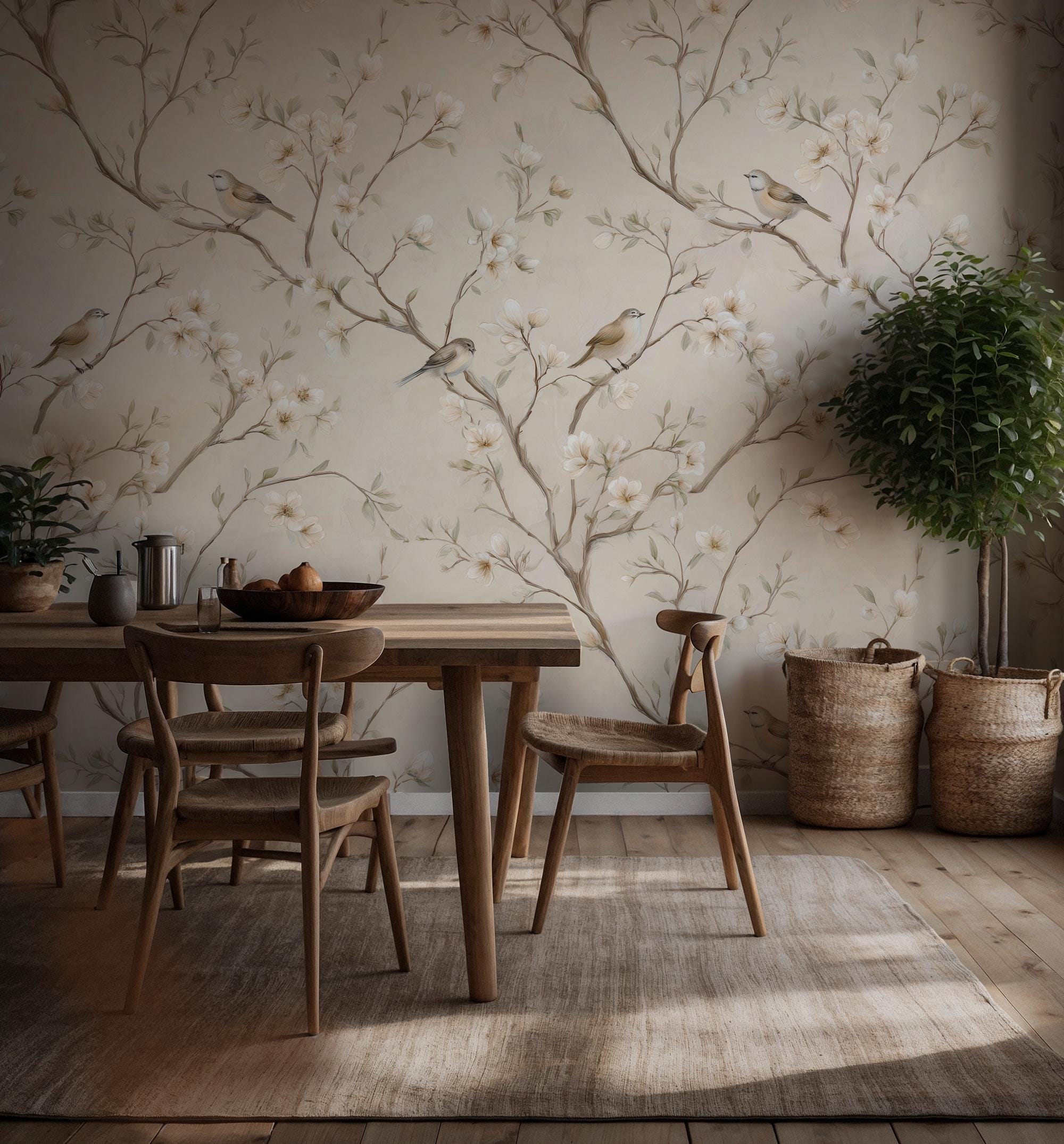 Neutral Floral Bird Wallpaper: Peel and Stick Wall Mural - View 2