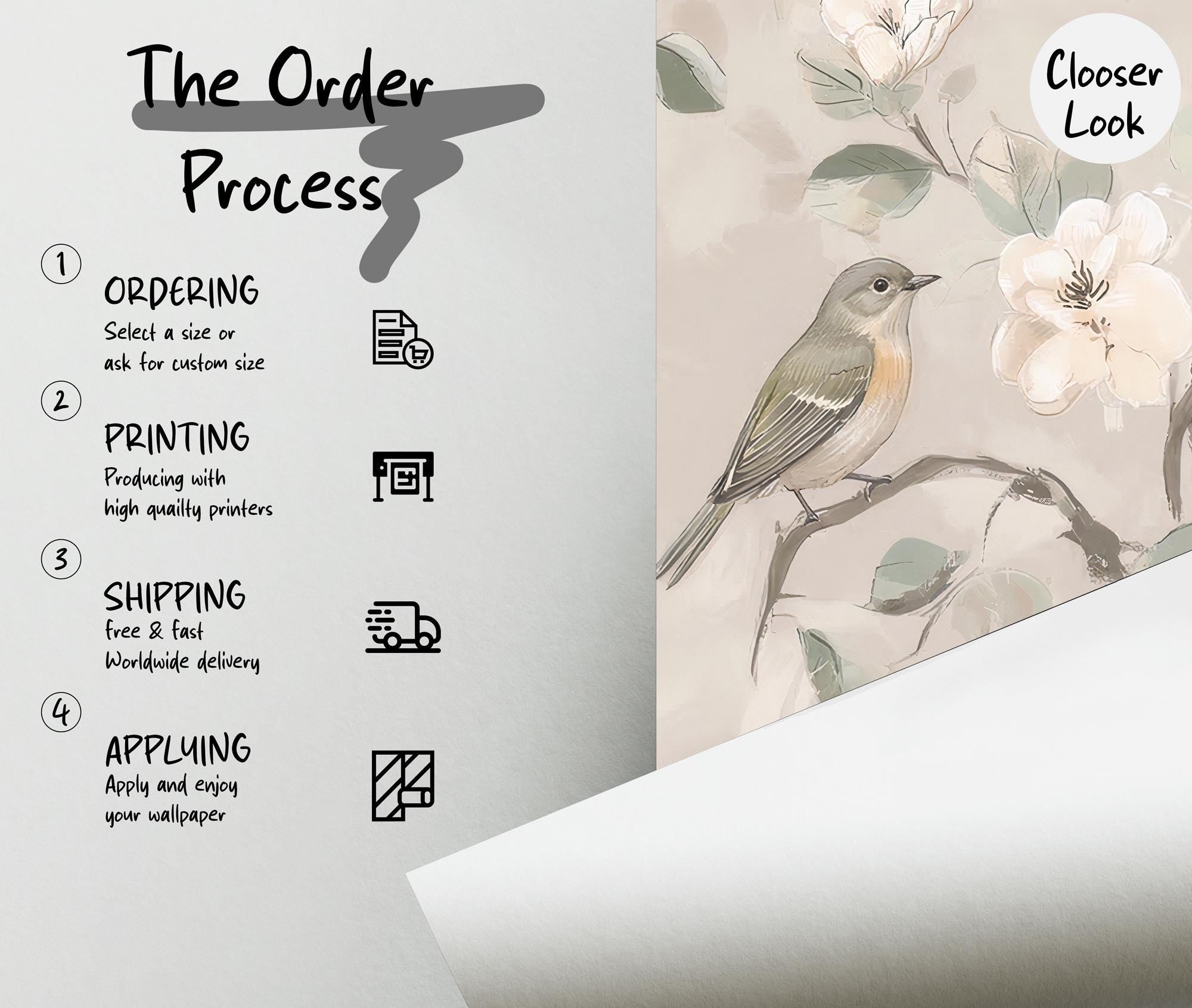 Beige Floral Bird Wallpaper: Peel and Stick Wall Mural - View 5