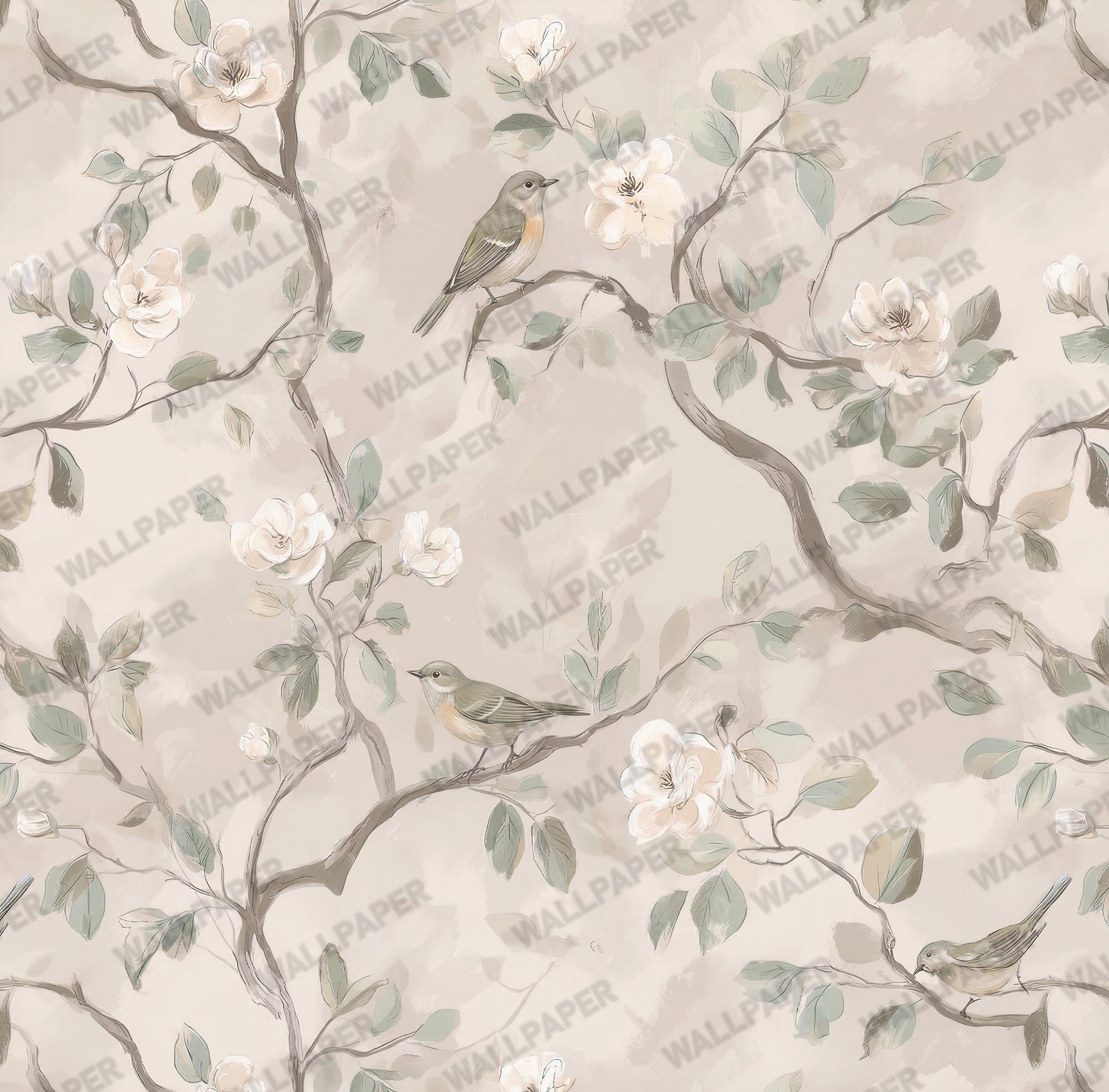 Beige Floral Bird Wallpaper: Peel and Stick Wall Mural - View 6