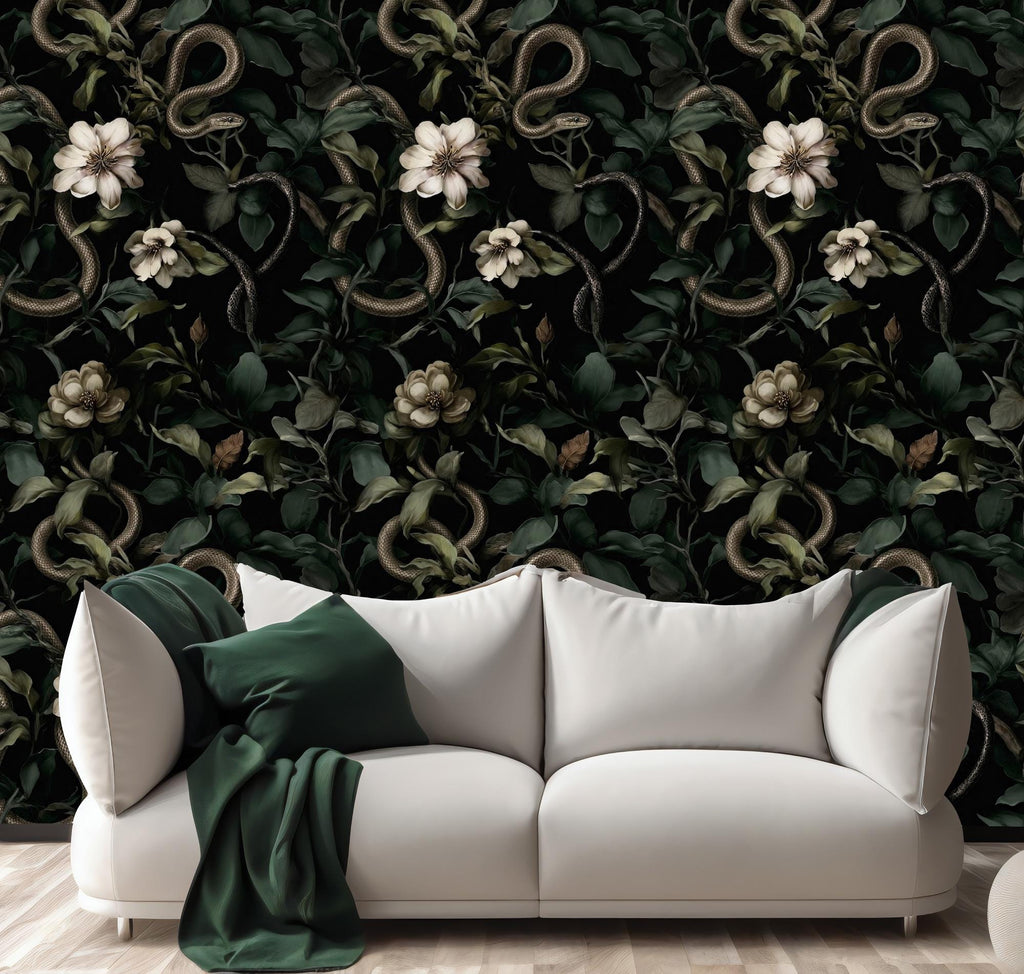 Dark Floral Snake Wallpaper: Gothic Botanical Removable Decor Peel and Stick Wall Mural - View 4