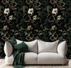 Dark Floral Snake Wallpaper: Gothic Botanical Removable Decor Peel and Stick Wall Mural - View 4