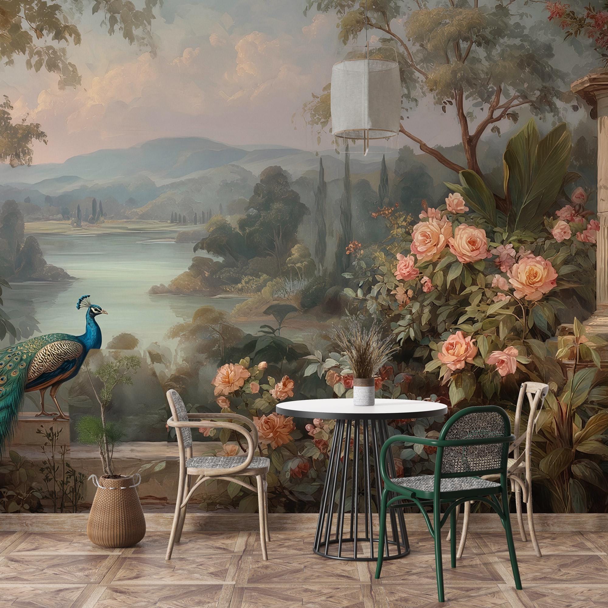 Peacock Garden Landscape Wallpaper: Vintage Floral Peel and Stick Wall Mural