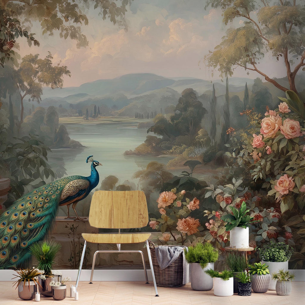 Peacock Garden Landscape Wallpaper: Vintage Floral Peel and Stick Wall Mural - View 3