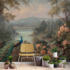 Peacock Garden Landscape Wallpaper: Vintage Floral Peel and Stick Wall Mural - View 3