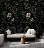 Dark Floral Snake Wallpaper: Gothic Botanical Removable Decor Peel and Stick Wall Mural - View 3