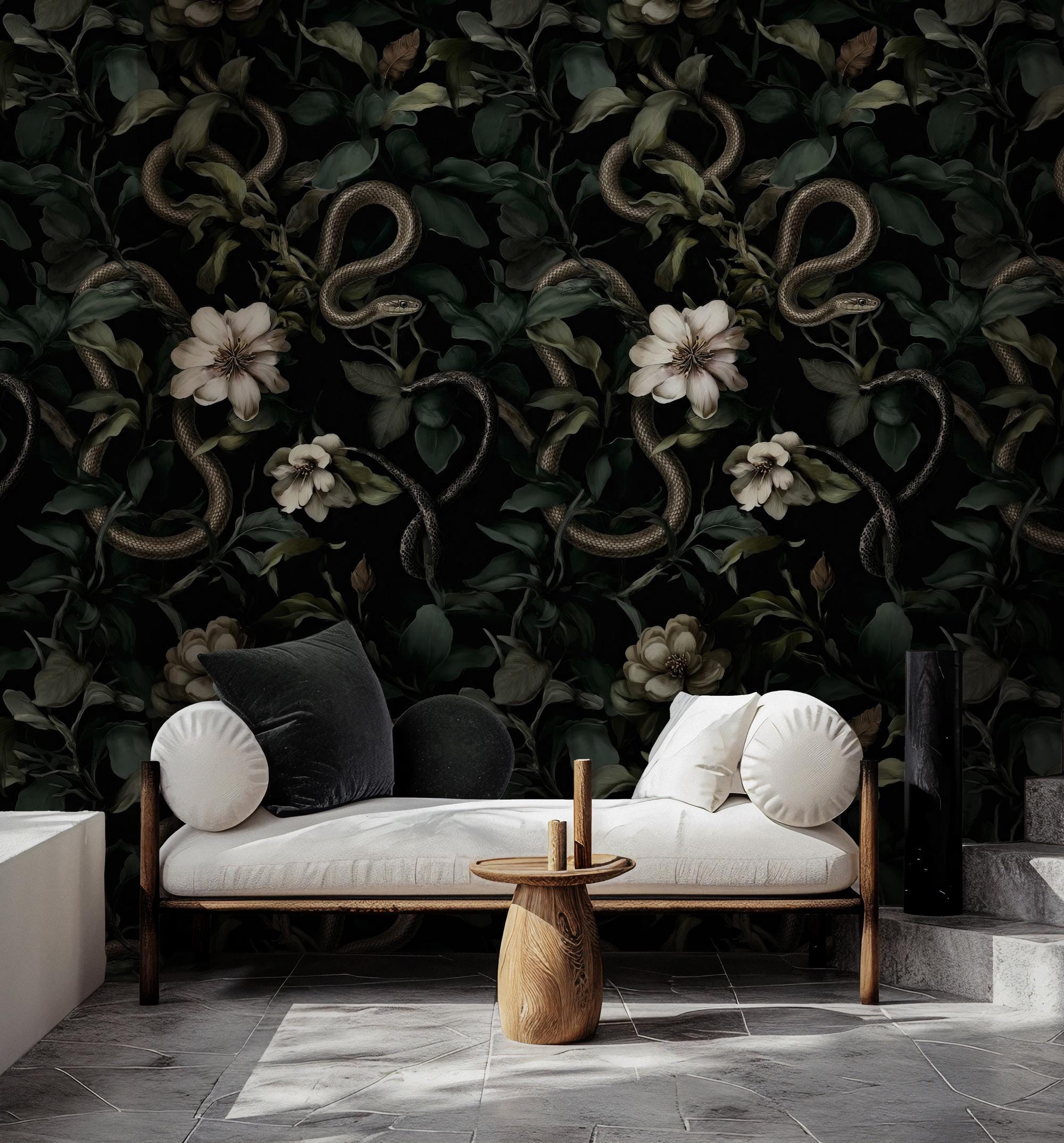 Dark Floral Snake Wallpaper: Gothic Botanical Removable Decor Peel and Stick Wall Mural - View 3