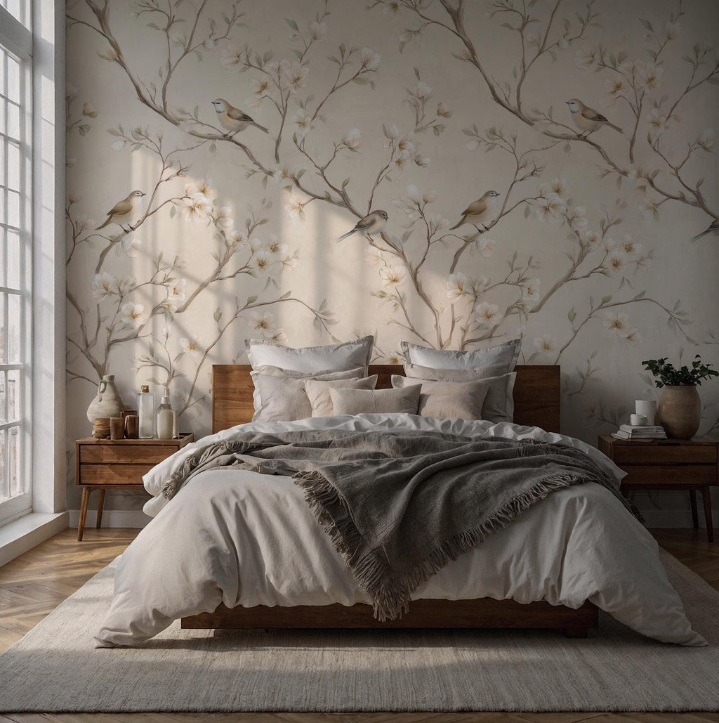 Neutral Floral Bird Wallpaper: Peel and Stick Wall Mural