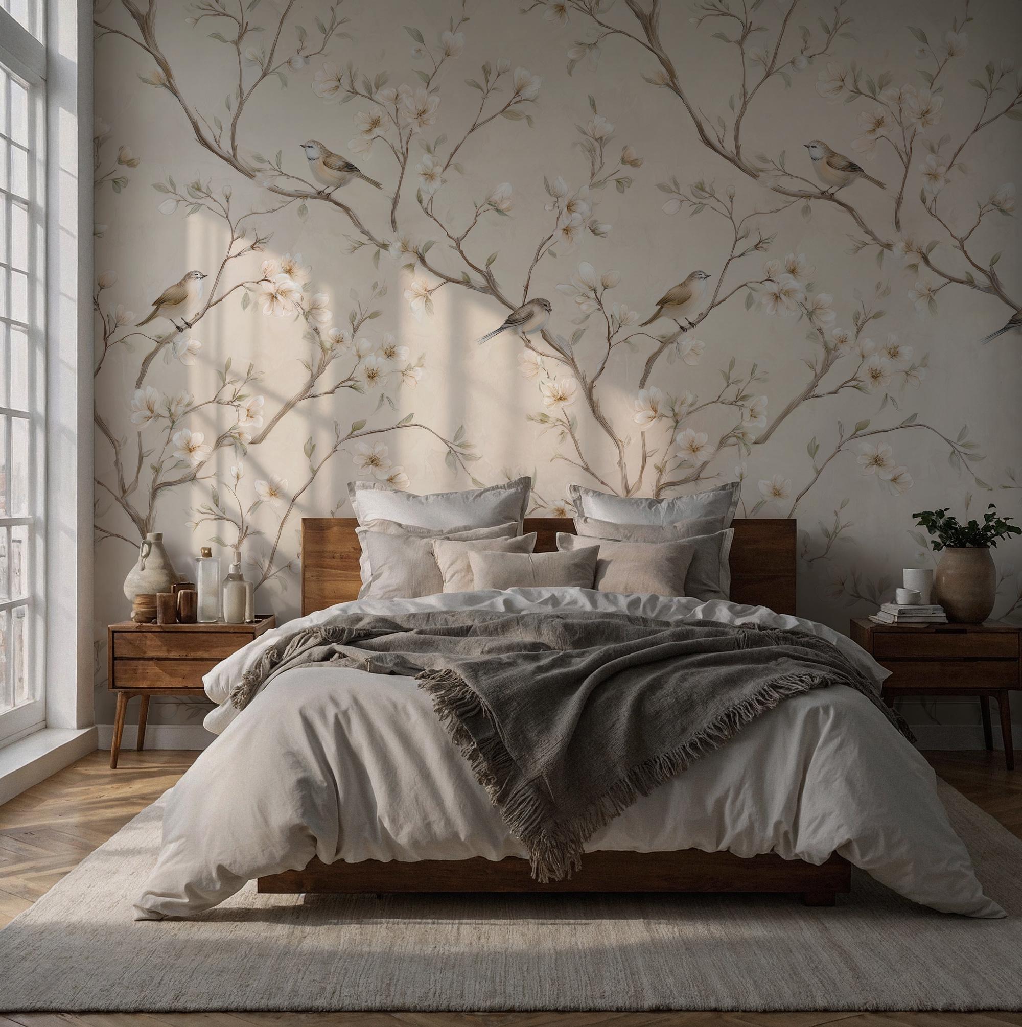 Neutral Floral Bird Wallpaper: Peel and Stick Wall Mural