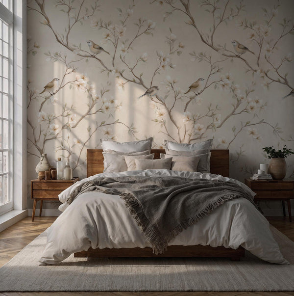 Neutral Floral Bird Wallpaper: Peel and Stick Wall Mural