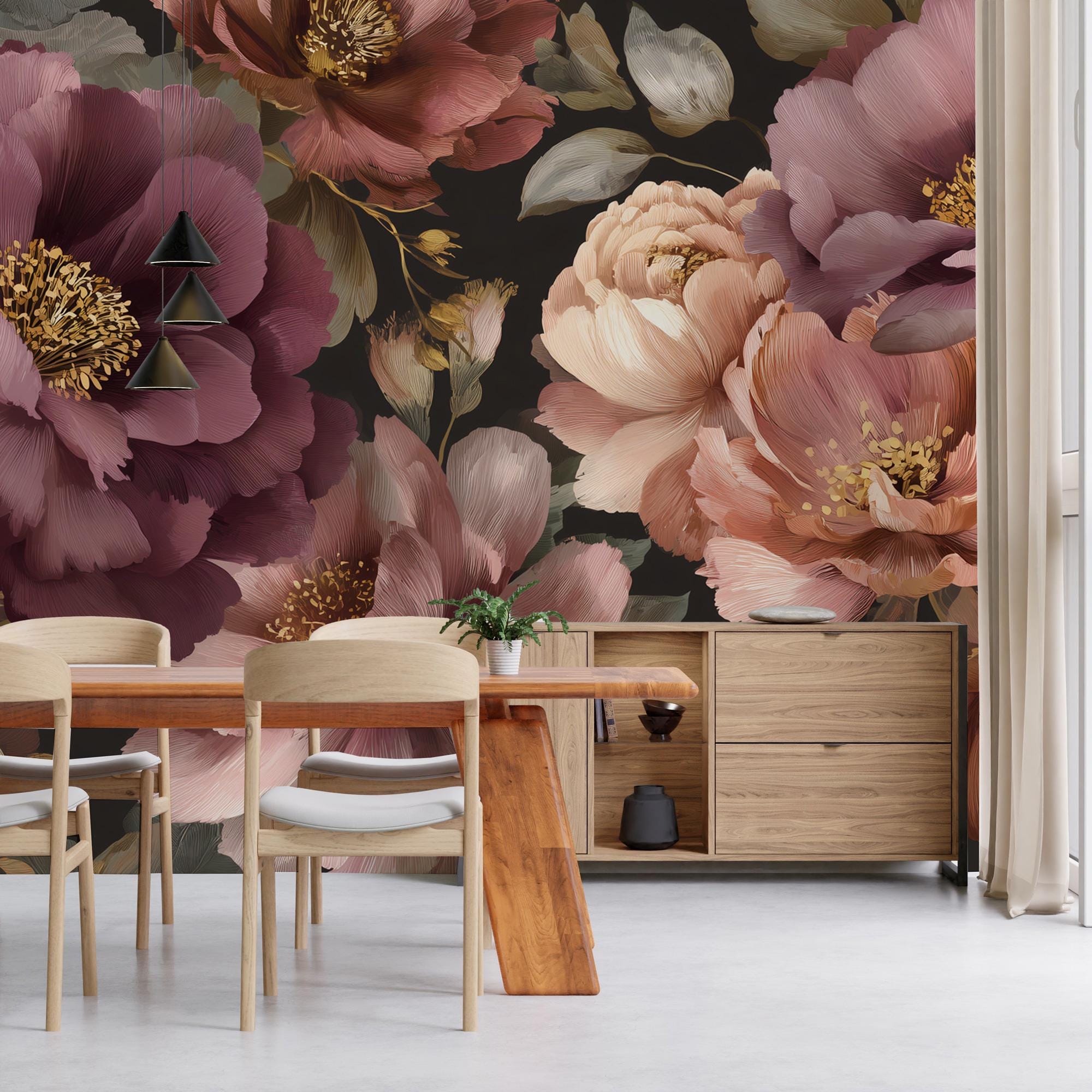 Vintage Dark Floral Peony Wallpaper: Peel and Stick Wall Mural - View 4