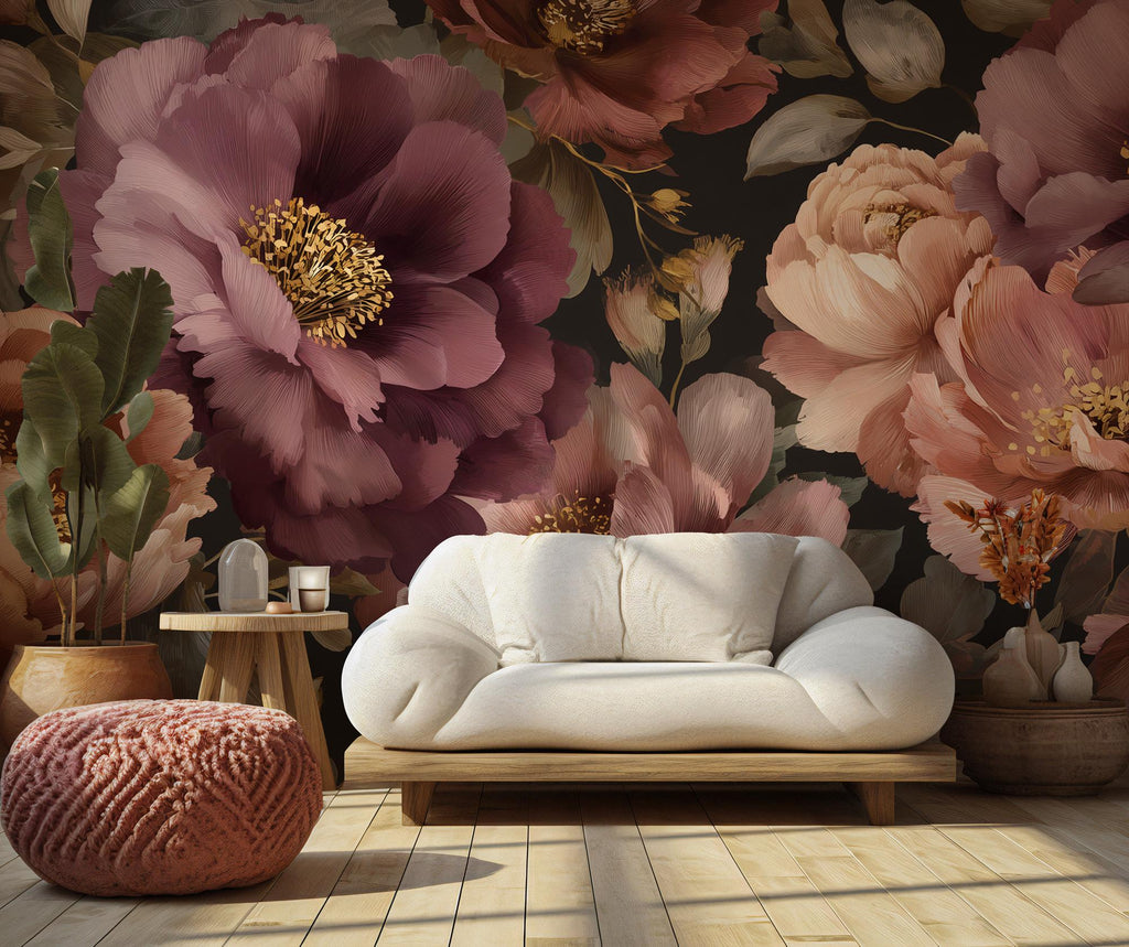 Vintage Dark Floral Peony Wallpaper: Peel and Stick Wall Mural
