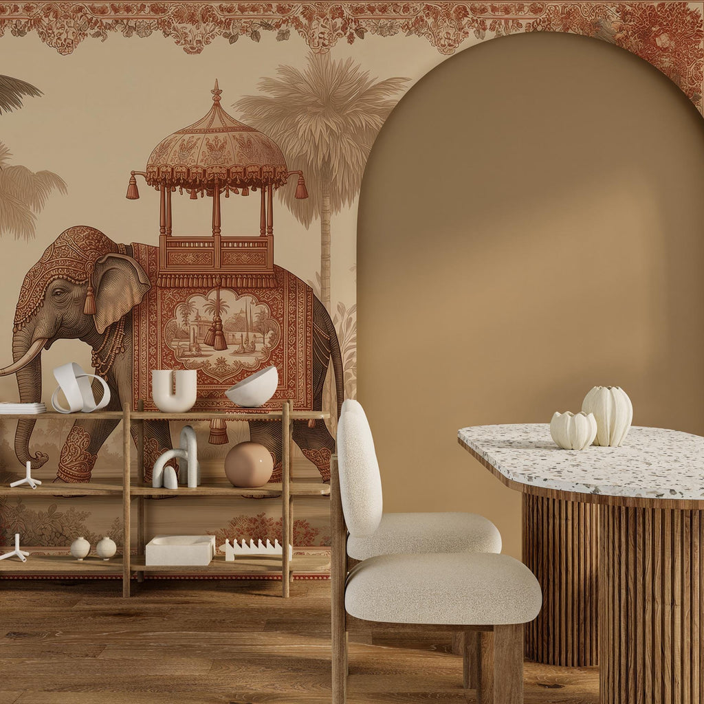Vintage Elephant Tropical Toile Wallpaper: Peel and Stick Wall Mural - View 2