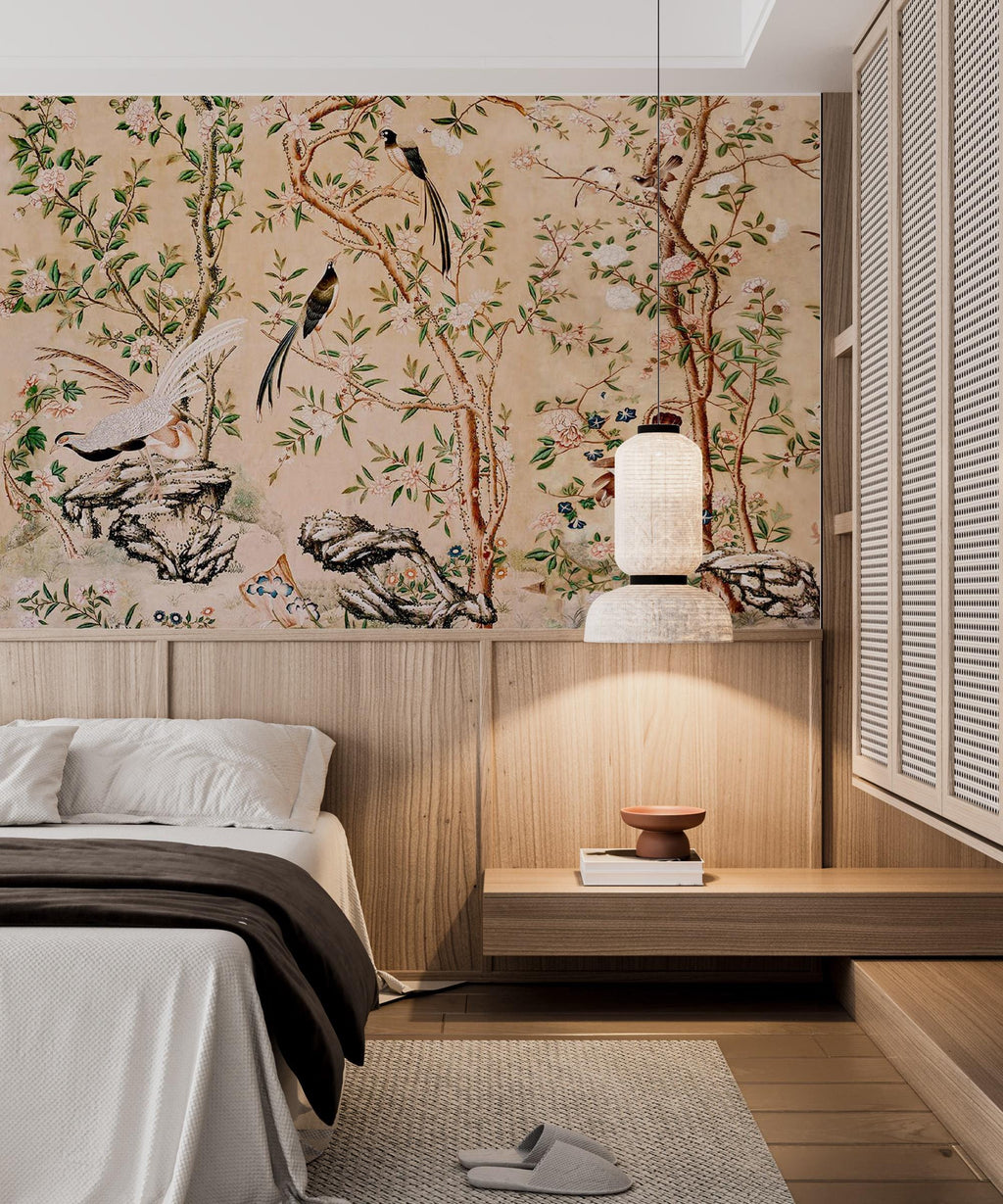 Chinoiserie Peel and Stick Wallpaper: Birds & Blossoms Mural