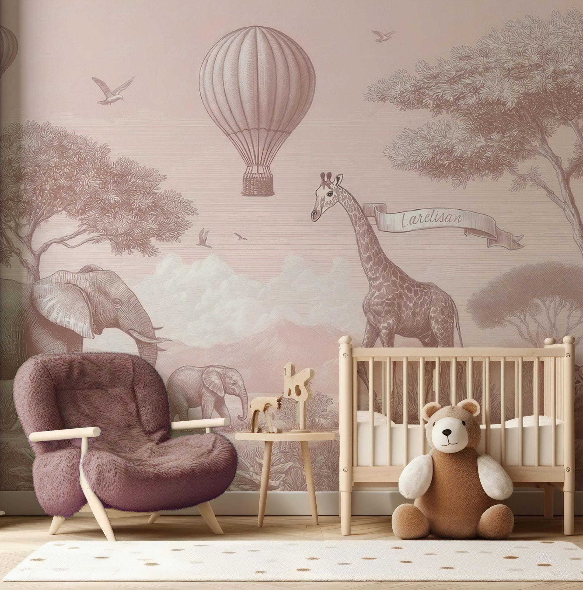 Safari Animals Nursery Wallpaper: Peel and Stick Wall Mural - Custom Size
