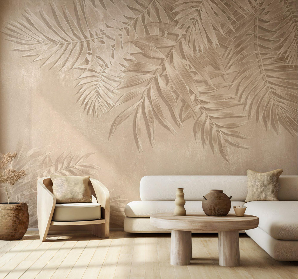 Beige Tropical Leaf Wallpaper: Peel and Stick Wall Mural - View 2