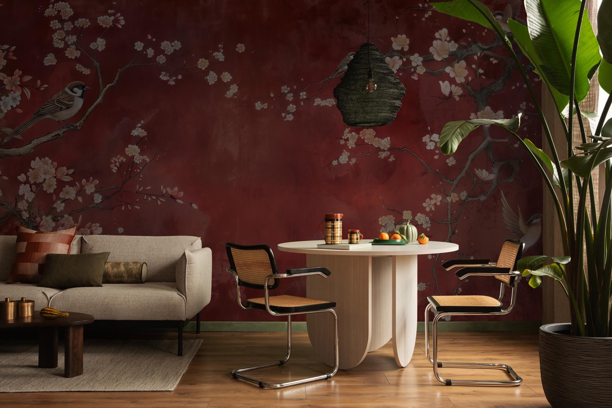 Red Cherry Blossom Bird Wallpaper: Asian Style Floral Peel and Stick Wall Mural - View 4