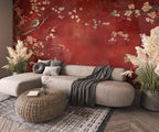 Red Cherry Blossom Bird Wallpaper: Asian Style Floral Peel and Stick Wall Mural - View 3