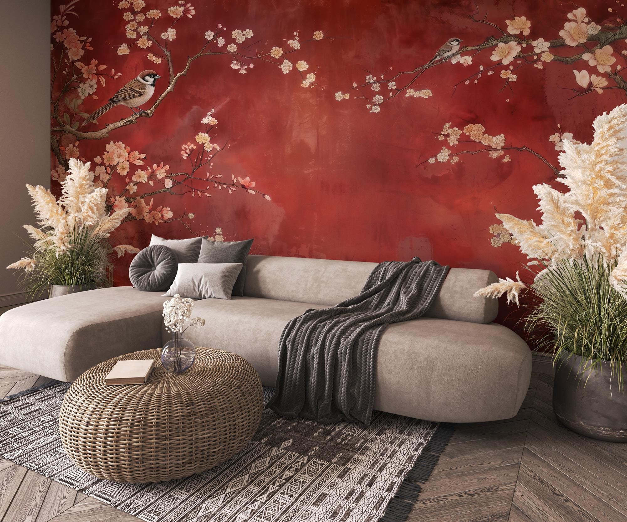 Red Cherry Blossom Bird Wallpaper: Asian Style Floral Peel and Stick Wall Mural - View 3