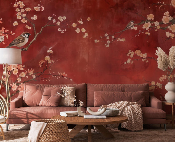 Red Cherry Blossom Bird Wallpaper: Asian Style Floral Peel and Stick Wall Mural