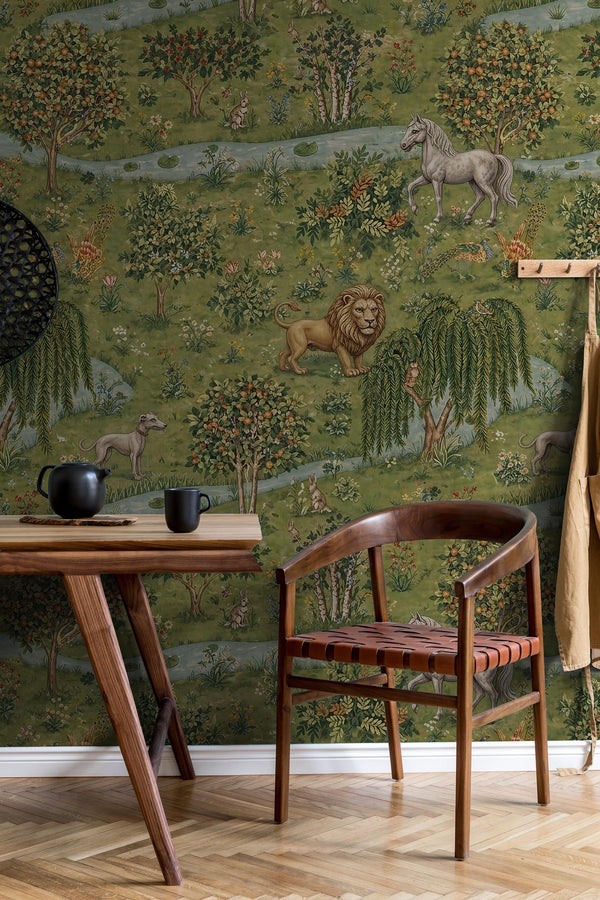 Medieval Tapestry Wallpaper, Antique Lion and Horse Mural Peel And Stick