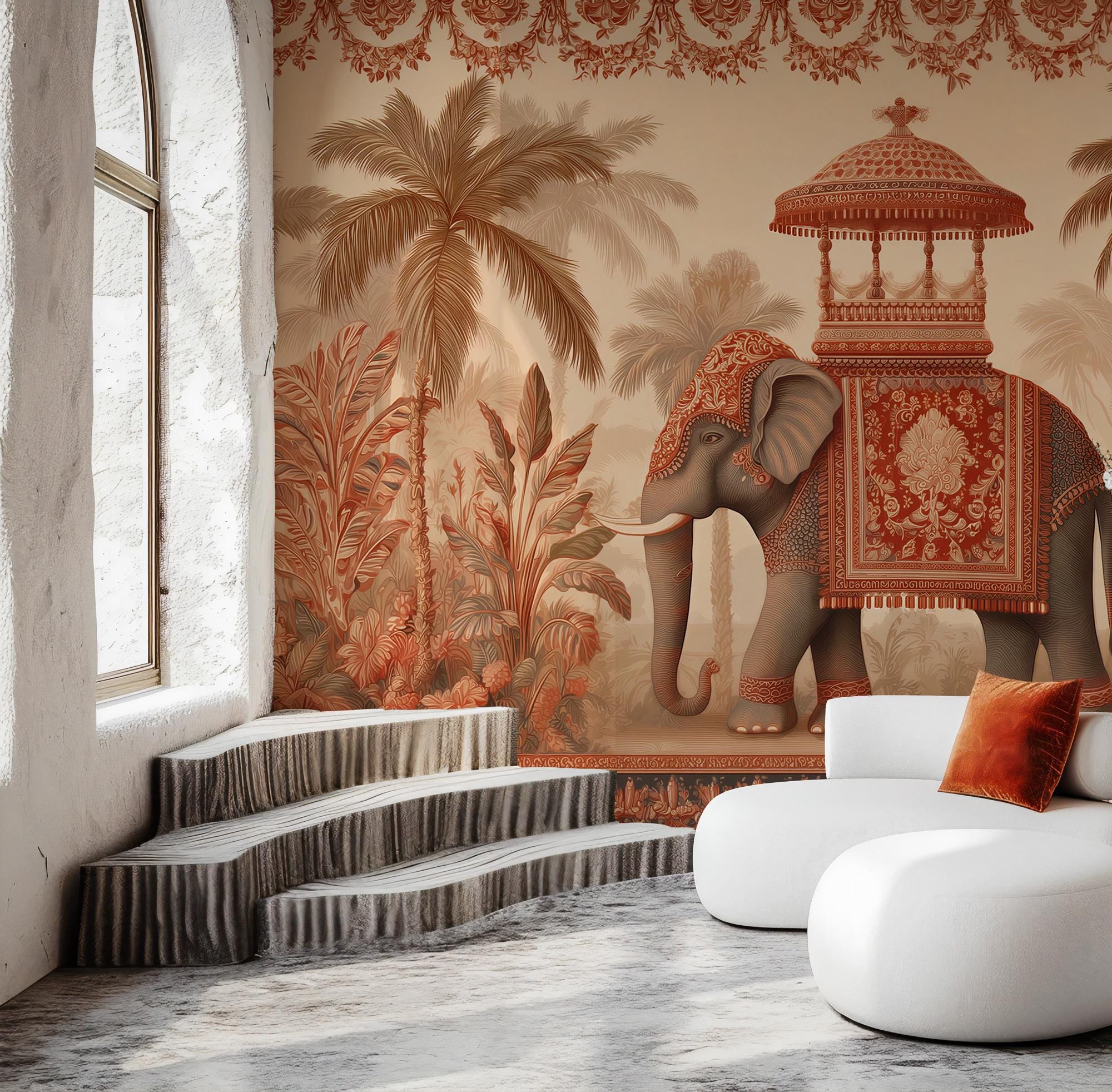 Exotic Elephant Tropical Wallpaper: Peel and Stick Wall Mural - View 2